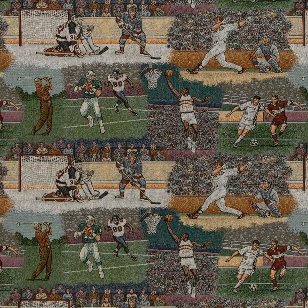 Blue Green Made in America Novelty Tapestry Woven Pattern Upholstery Fabric by The Yard - SKU: Trinity Sports